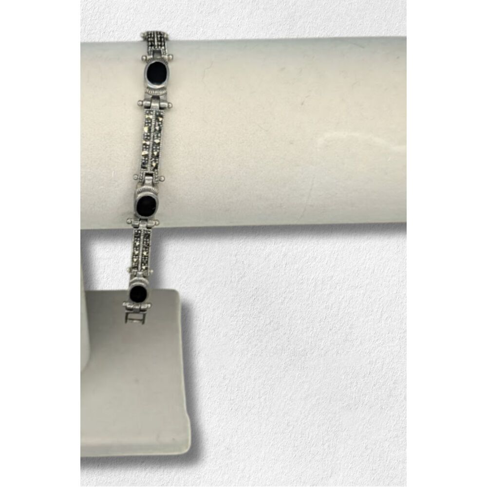 Vintage 925 Sterling Silver Marcasite Black Onyx Bracelet 7 inch Art Deco